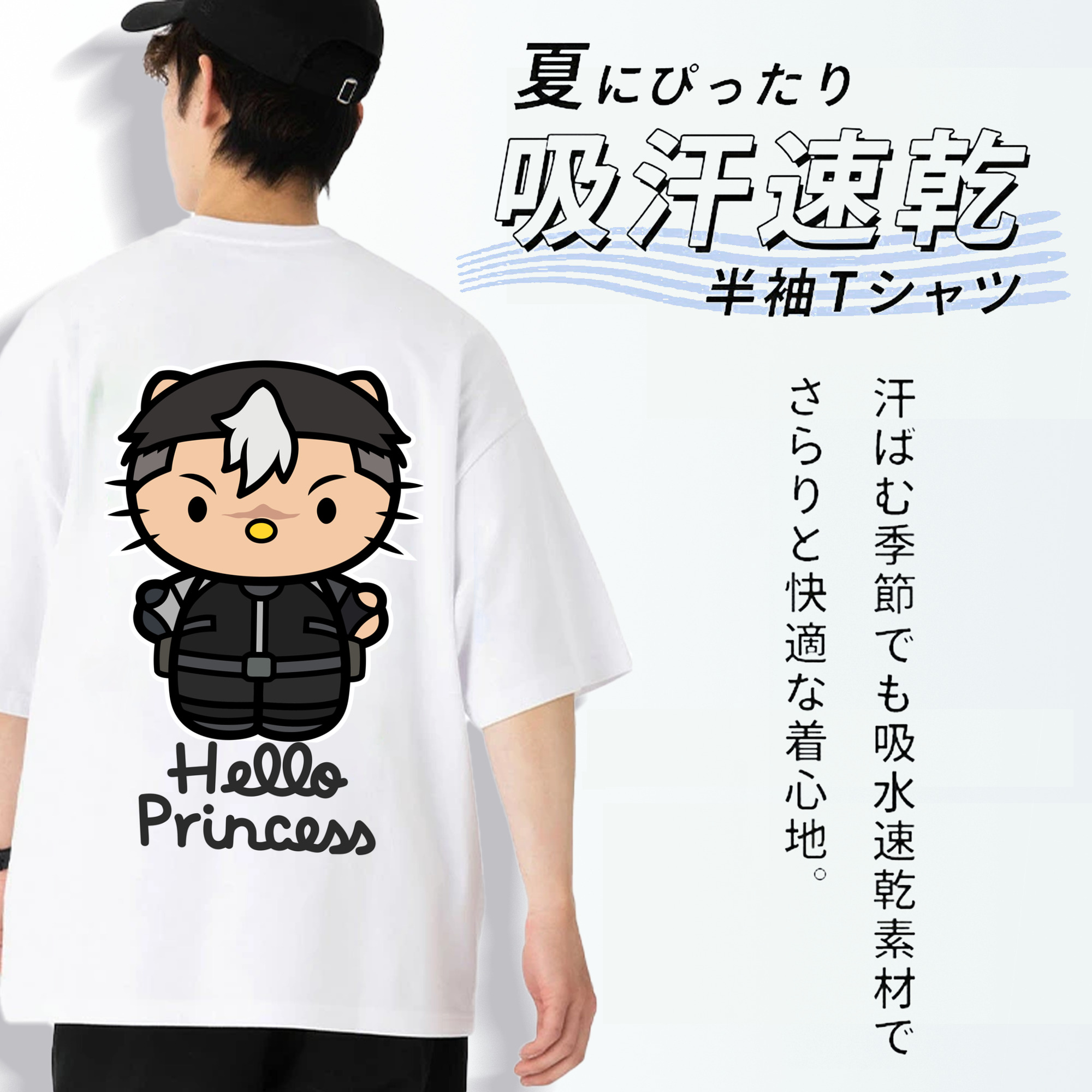 Hello Kitty ハローキティ 綿100％ メンズ半袖Tシャツ（バックプリント） 通気性