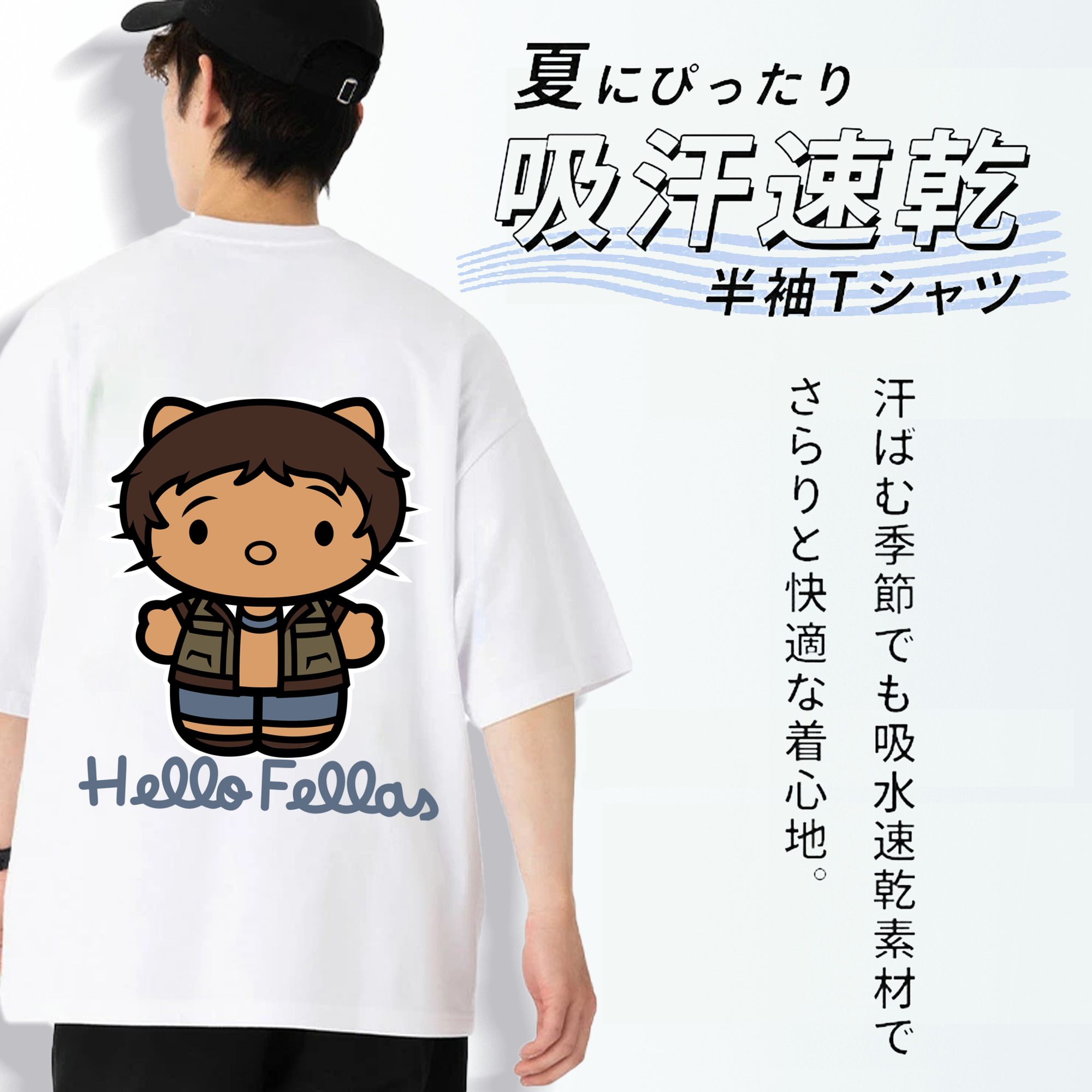 Hello Kitty ハローキティ 綿100％ メンズ半袖Tシャツ（バックプリント） 通気性